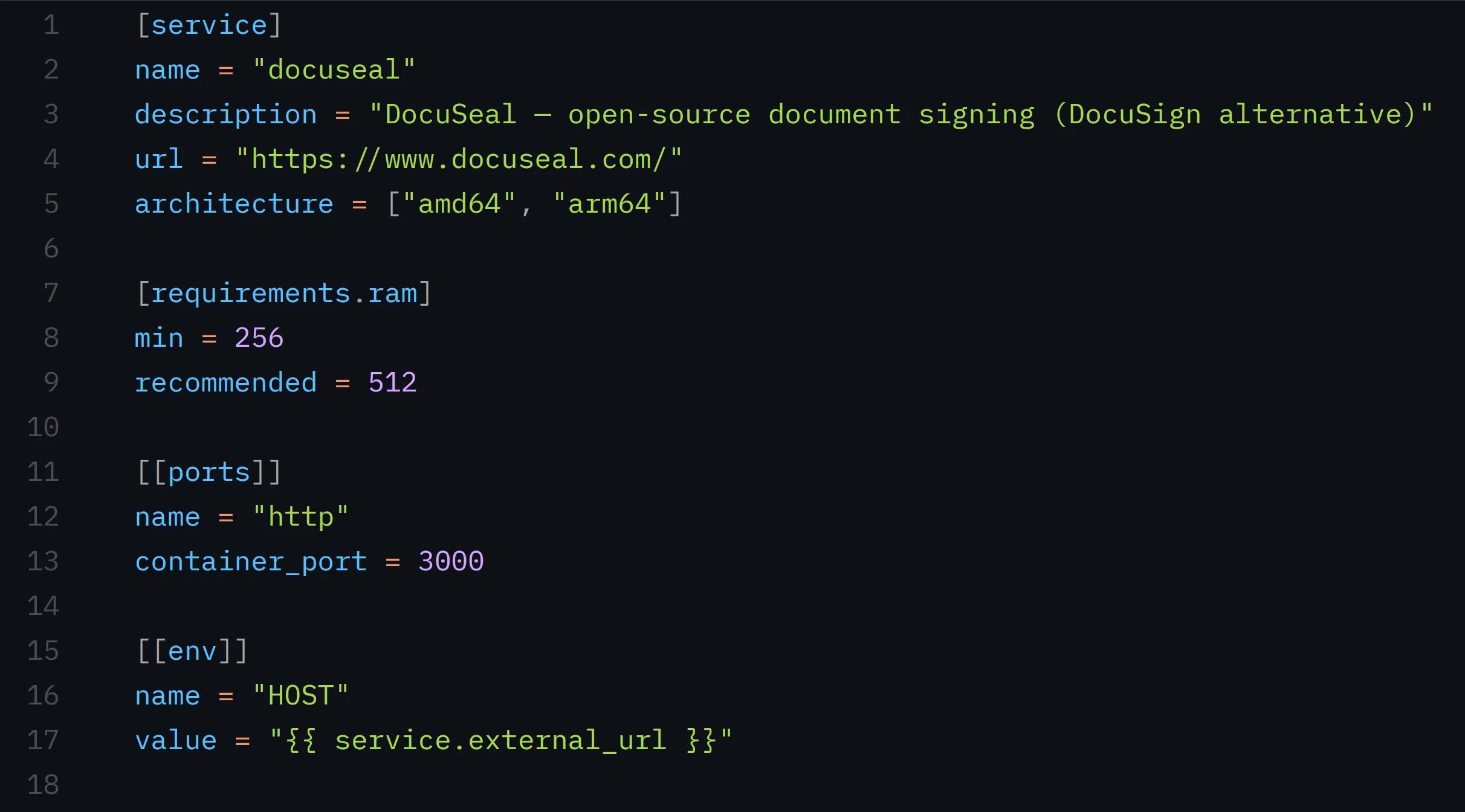 A service.toml definition for DocuSeal showing the [service] block (name, description, url, architecture), RAM requirements, an HTTP port on 3000, and a HOST environment variable templated from service.external_url.