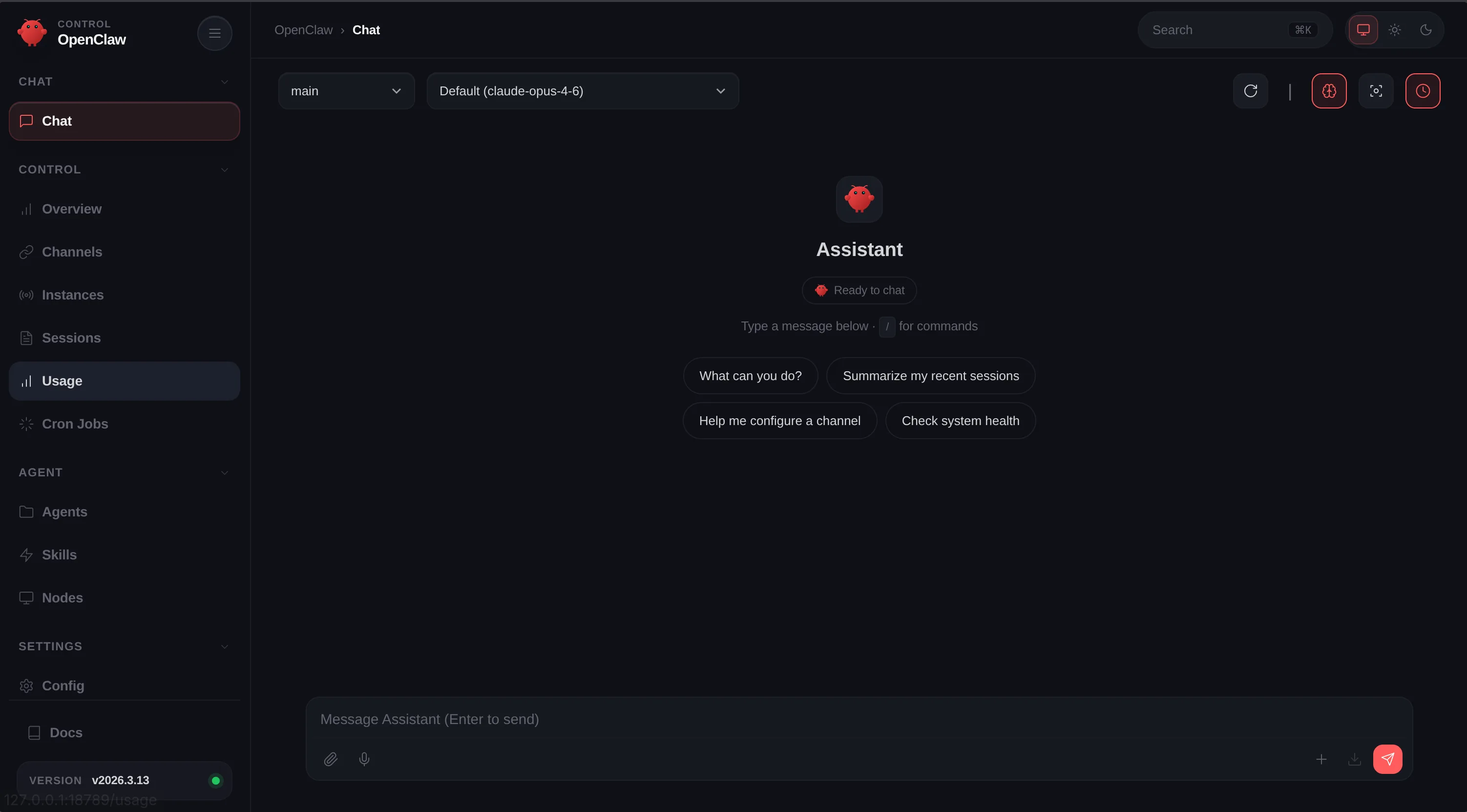 OpenClaw AI gateway: a dark control panel with Chat, Control, Agent, and Settings sections in the sidebar, and a centered 'Assistant: Ready to chat' welcome screen with starter prompts like 'What can you do?' and 'Check system health'.