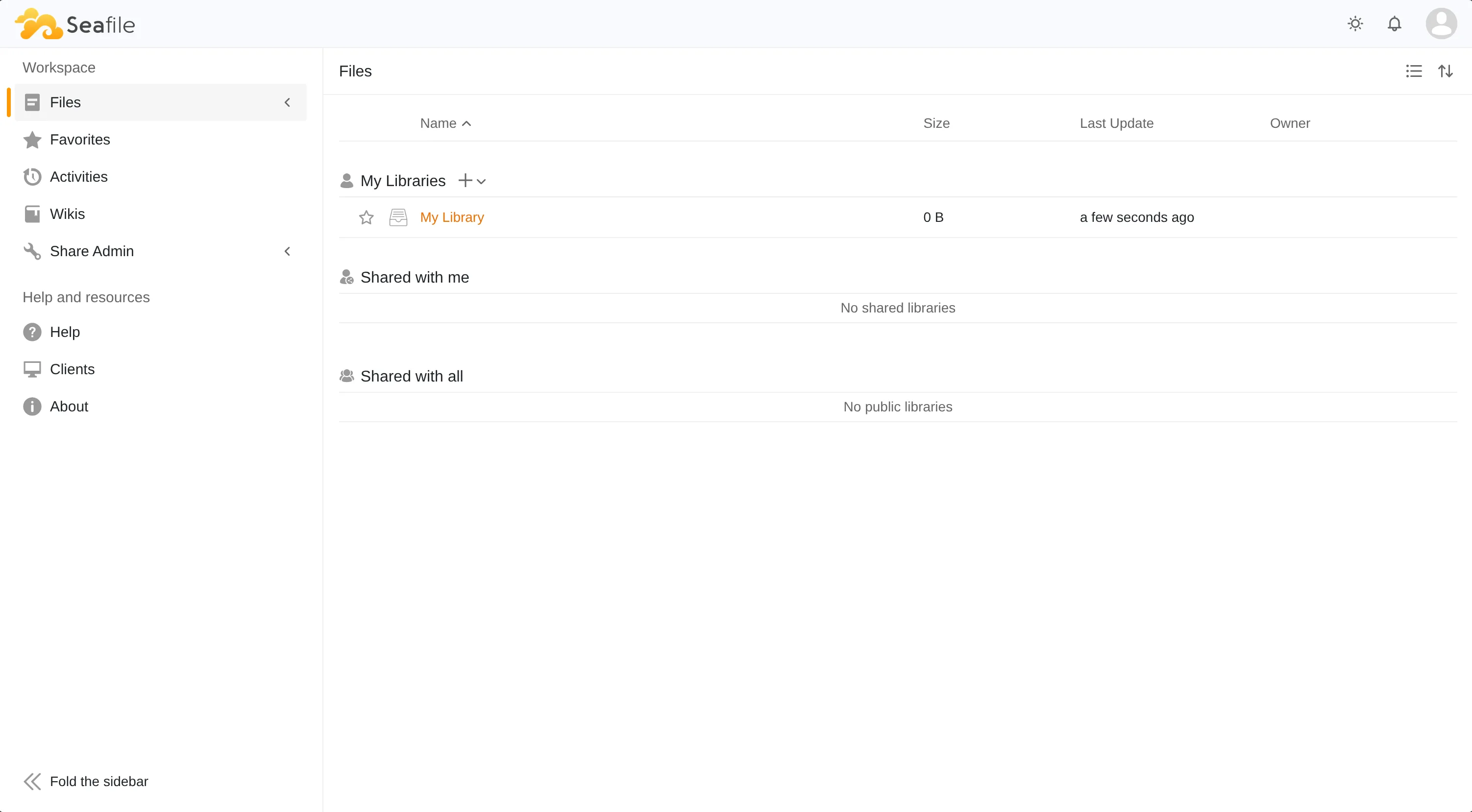 Seafile file storage: a light UI with a Workspace sidebar (Files, Favorites, Activities, Wikis, Share Admin) and a Files panel listing 'My Library' alongside empty 'Shared with me' and 'Shared with all' sections.